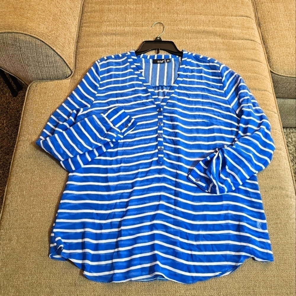 a.n.a A New Approach Sheer Blue White Strip Boho Office Casual Top Size XL